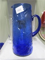 Lg. Glass Royal Blue Fruit Design Pitcher w/Applid