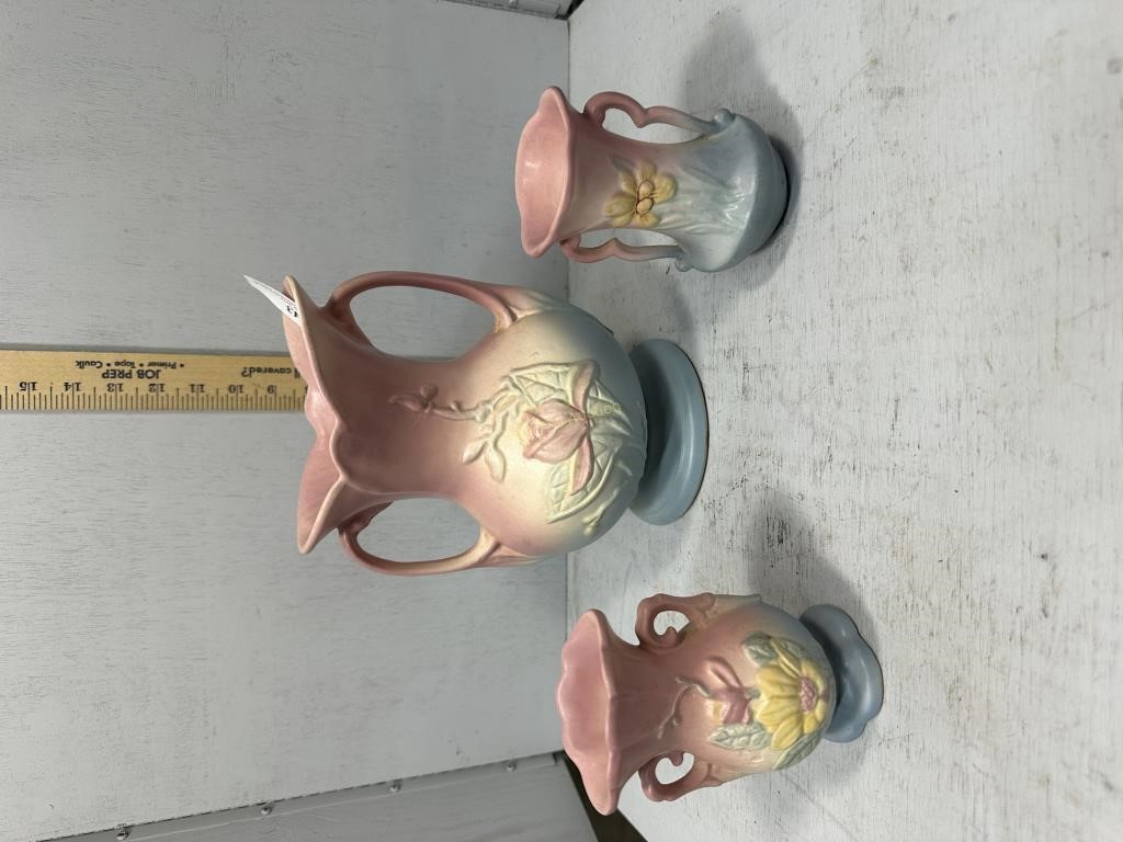 Hall art pottery - 3 pc grouping in pink and blue