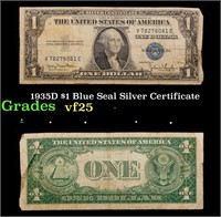 1935D $1 Blue Seal Silver Certificate Grades vf+