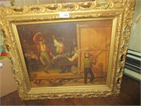 Gold framed print of men in barn dancing