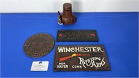 3 CAST IRON SIGNS & NED KELLY MONEYBOX