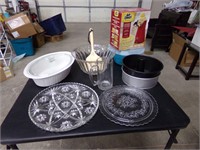 Kitchen items, platters, bowl, cake pan and more