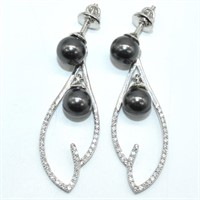 $460 Silver Black Pearl Cz(6.35ct) Earrings