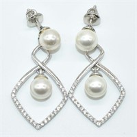 $480 Silver Pearl Cz(6.6ct) Earrings
