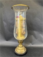 Brass Base Glass Hurricane, Wreath Pillar Candle
