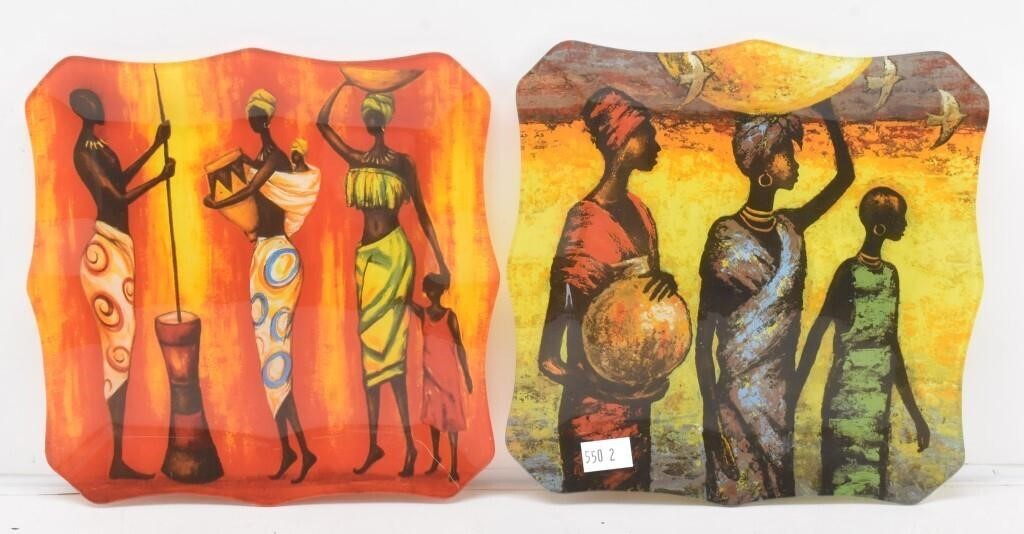 (2) Glass Plates w / African Art Work