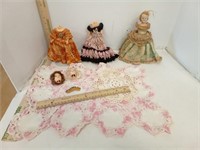 Assorted doll heads, bodies, Crocheted Dresses &