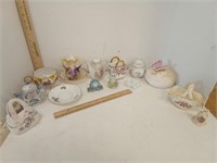 Assorted Teapots, Saucers, Vases, Powder Box, &