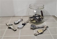 Jar of Wrist Watches and 2 pocket watches, some