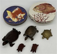 Oriental Style Fish Plates, Brass & Wood Turtles