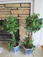 LOT OF 2 BLUE & WHITE PLANTERS W/ FAUX IVY TOPIARY