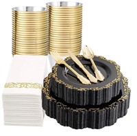 175PCS Black and Gold Plates with silverware