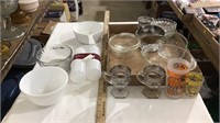 Glass cups, glass bowls, condiment bottles