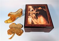 Biltmore Music Box, Vtg. Glass Shoe & Clover Leaf