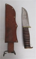 Marked Japan 5" blade hunting knife with leather