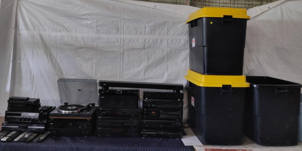 Huge Lot of Stereo Equipment in Storage Bins