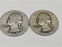 2-1938 P Washington Silver Quarter Coins