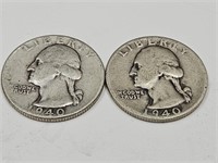 2-1940 P Washington Silver Quarter Coins