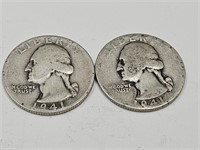 2- 1941 P Washington Silver Quarter Coins