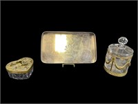Antique Vanity Tray, Trinket Dish & Jar