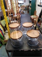 Lot of 4 Glass Cannister Wooden Top