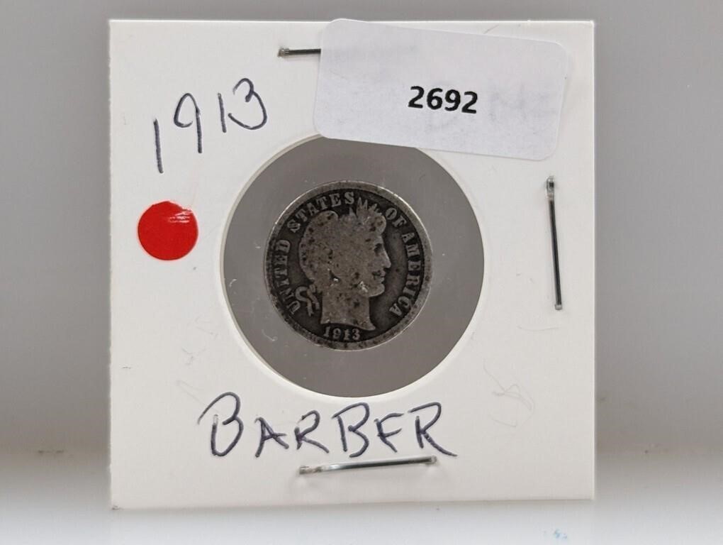 1913 90% Silver Barber Dime