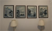 lot four Asian teak framed oil paintings signed
