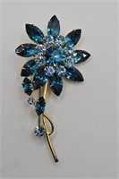 Vintage  Large Blue Rhinestone Flower Brooch