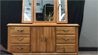 Broyhill Oak Dresser With Three Panel Mirror