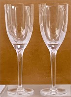 Pr. Lalique flutes, frosted angel stems, 8" tall.