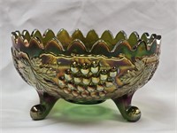 NW Green Carnival Glass Grape & Cable Fruit Bowl
