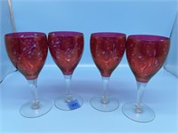 4  Etched Cranberry Wine Glasses