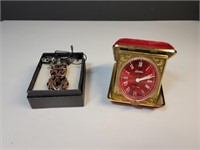 Vintage folding alarm clock and art glass necklace