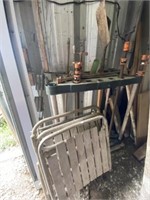 Tool rack with pipe clamps, roof shovel and misc.