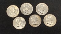 (6) BU 1958-D Silver Franklin Half Dollars