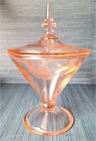 PINK DEPRESSION GLASS COVERED CANDY DISH 8" TALL