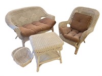 Vintage Wicker Loveseat, Chair, Table and Basket