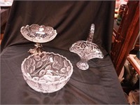 Three pieces of cut and etched glass: compote with
