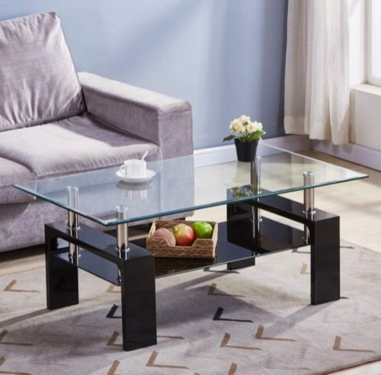 GOLDFAN Rectangle Glass Coffee Table w/ Shelf