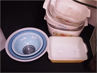 Kitchen items: blue Pyrex mixing bowls ranging