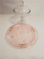 Pink Dep Cake Plate and Clear Candy Dish