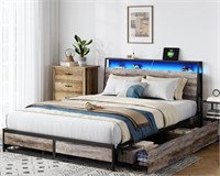 Queen Bed Frame  4 Drawers  LED  Greige
