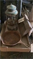 Lantern, Metal Dust Pan and Cast Iron Pan