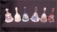 Six Fenton glass colored bells: opalescent,