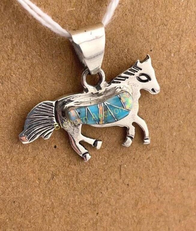 Horse Pendant Sterling, Turquoise, Opal