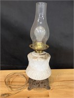 Milk glass electric lamp w/glass globe.  Approx