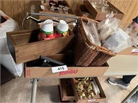 (2) Small Wood Boxes, Wicker Picnic Utensil Caddy,