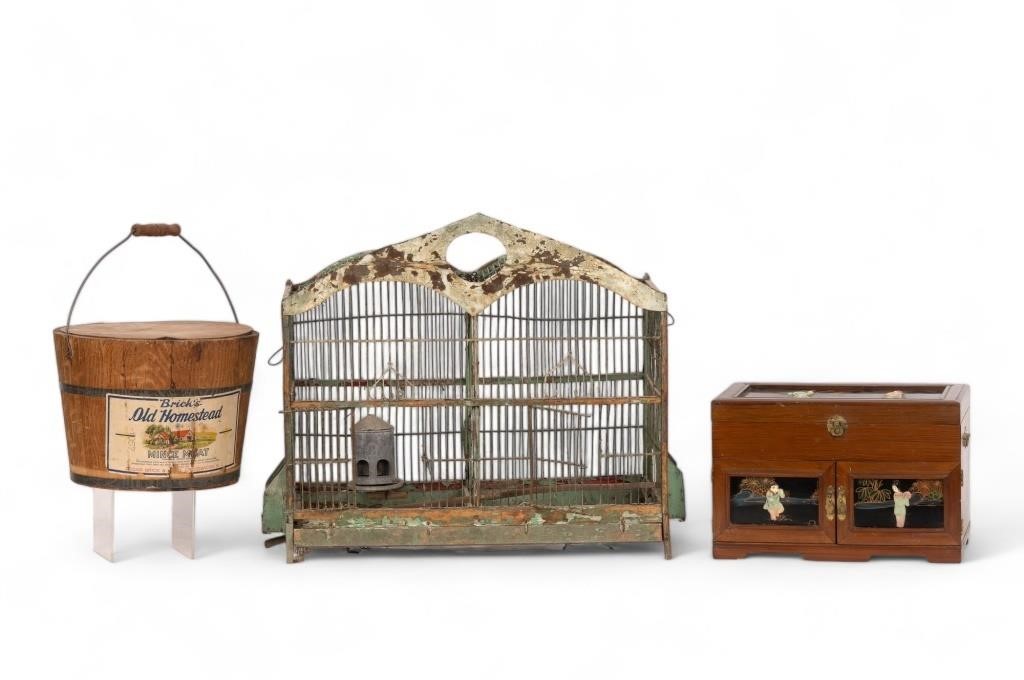 Vintage Birdcage, Jewelry Box, Brick's Wood Bucket
