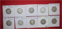 (10) Barber Quarters 1910-D to 1916-S Mix