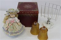 Porcelain doll, box, sconce shade, Envelope holder